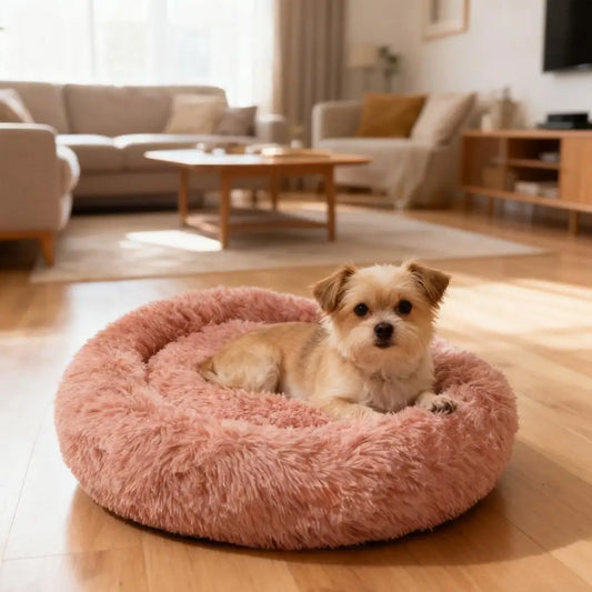 Fluffy Donut Cat & Dog Bed – Cozy Plush Calming Pet Bed