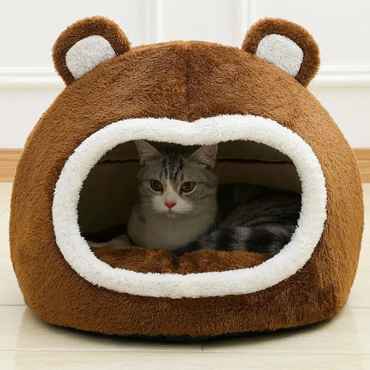 Luxurious Brown Plush Cat Bed | Memory-Foam Lounger Cave + Soft PP-Cotton Cushion