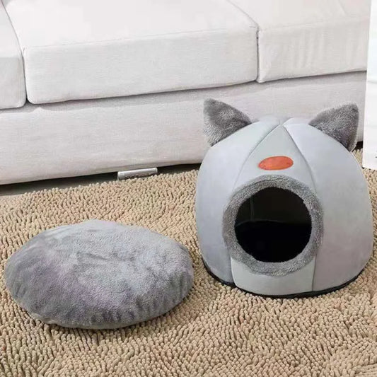 Winter Warm CozyCat™ Plush Hooded Cave Bed | Grey Cat Ear Design