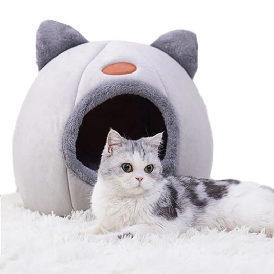 Winter Warm CozyCat™ Plush Hooded Cave Bed | Grey Cat Ear Design