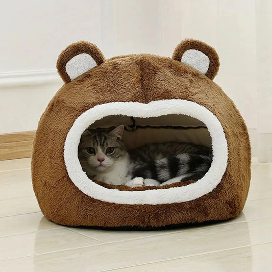 Luxurious Brown Plush Cat Bed | Memory-Foam Lounger Cave + Soft PP-Cotton Cushion